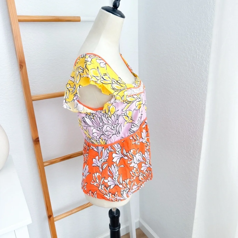 Farm Rio Tia Flutter Sleeved Blouse Floral Yellow Pink - Picture 3 of 8